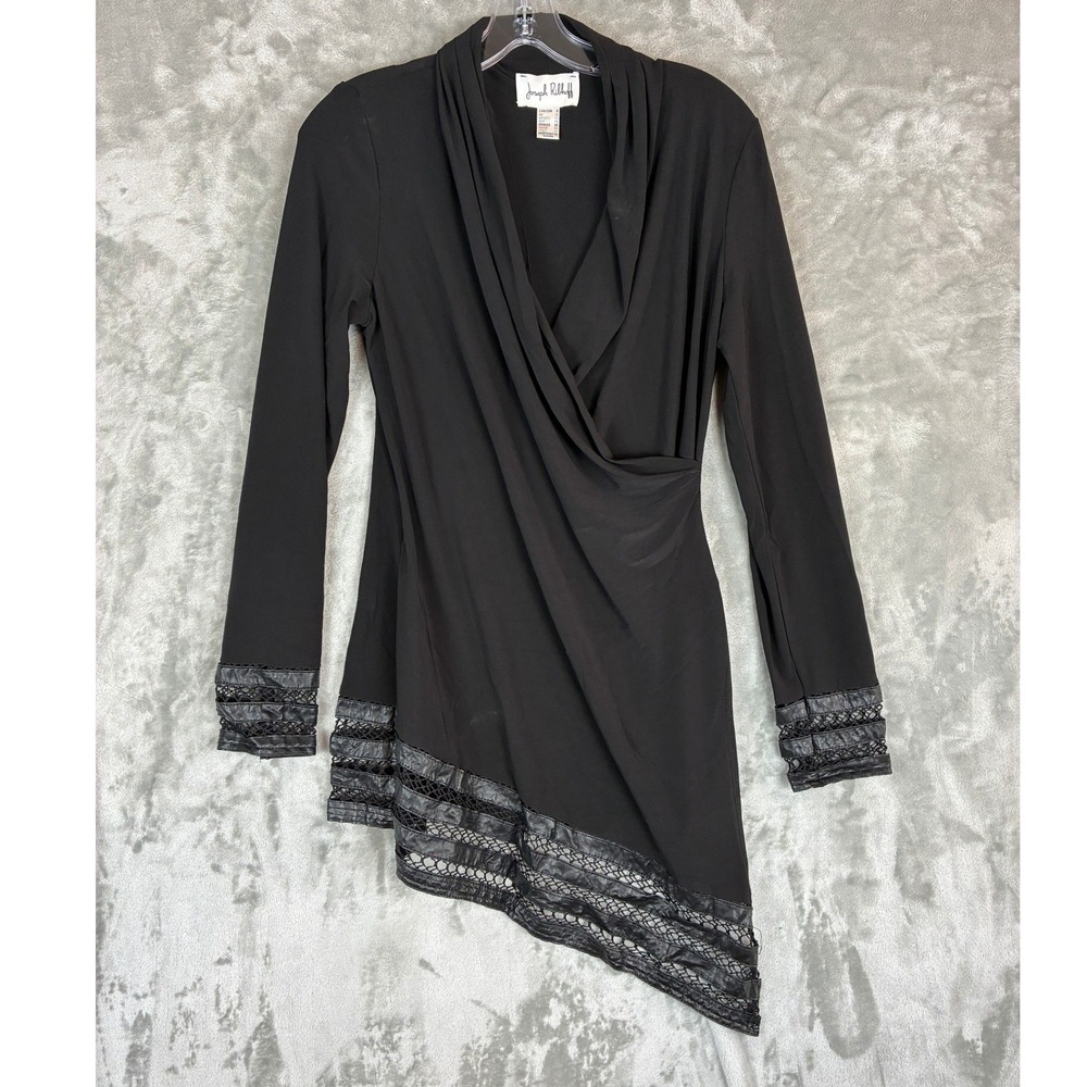 Joseph Ribkoff Black Asymmetrical Lace Faux Leather Trim Tunic Top Size 8 Canada